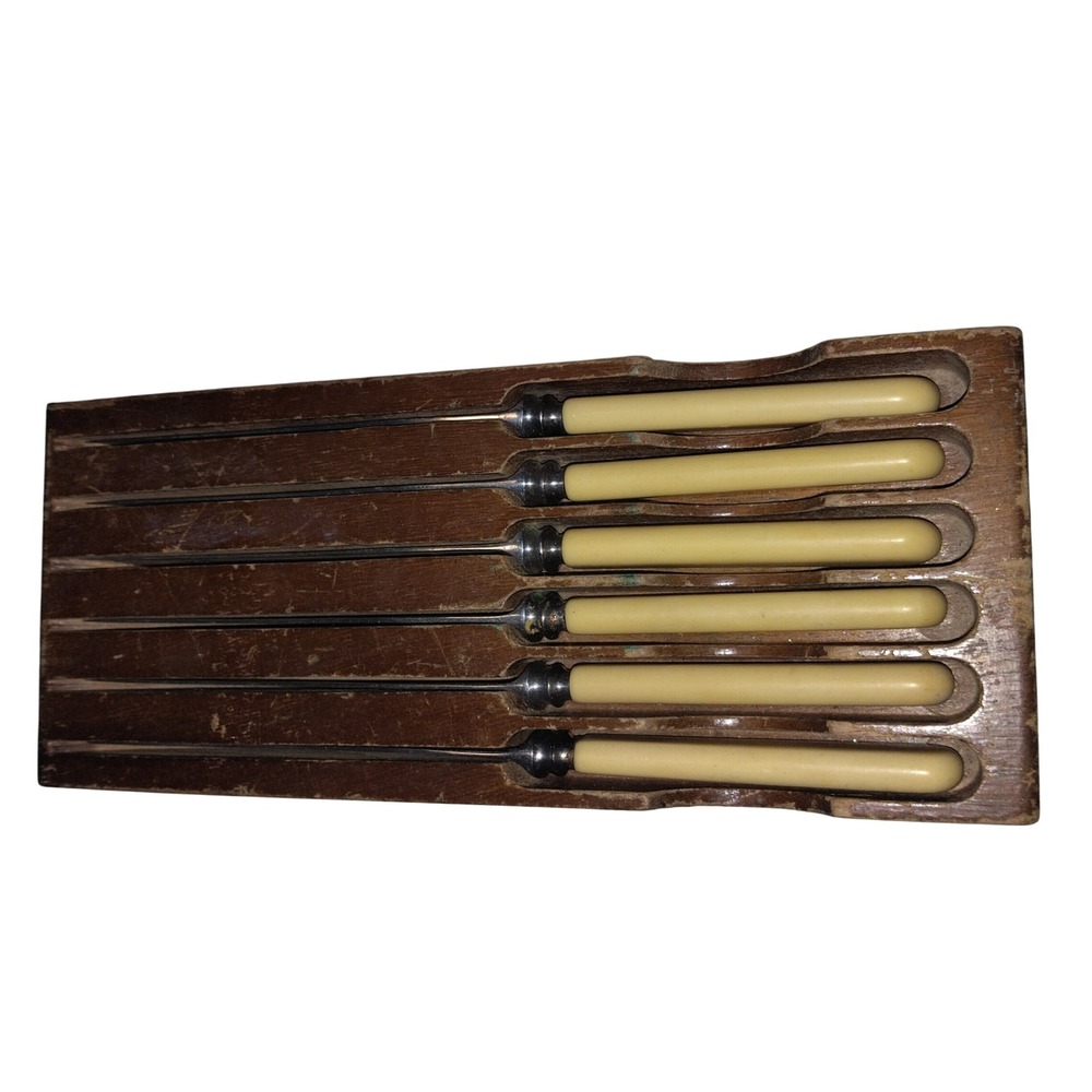 Vintage Sheffield England Steak Knife Set 6pc Stainless Steel Cream Wood Block